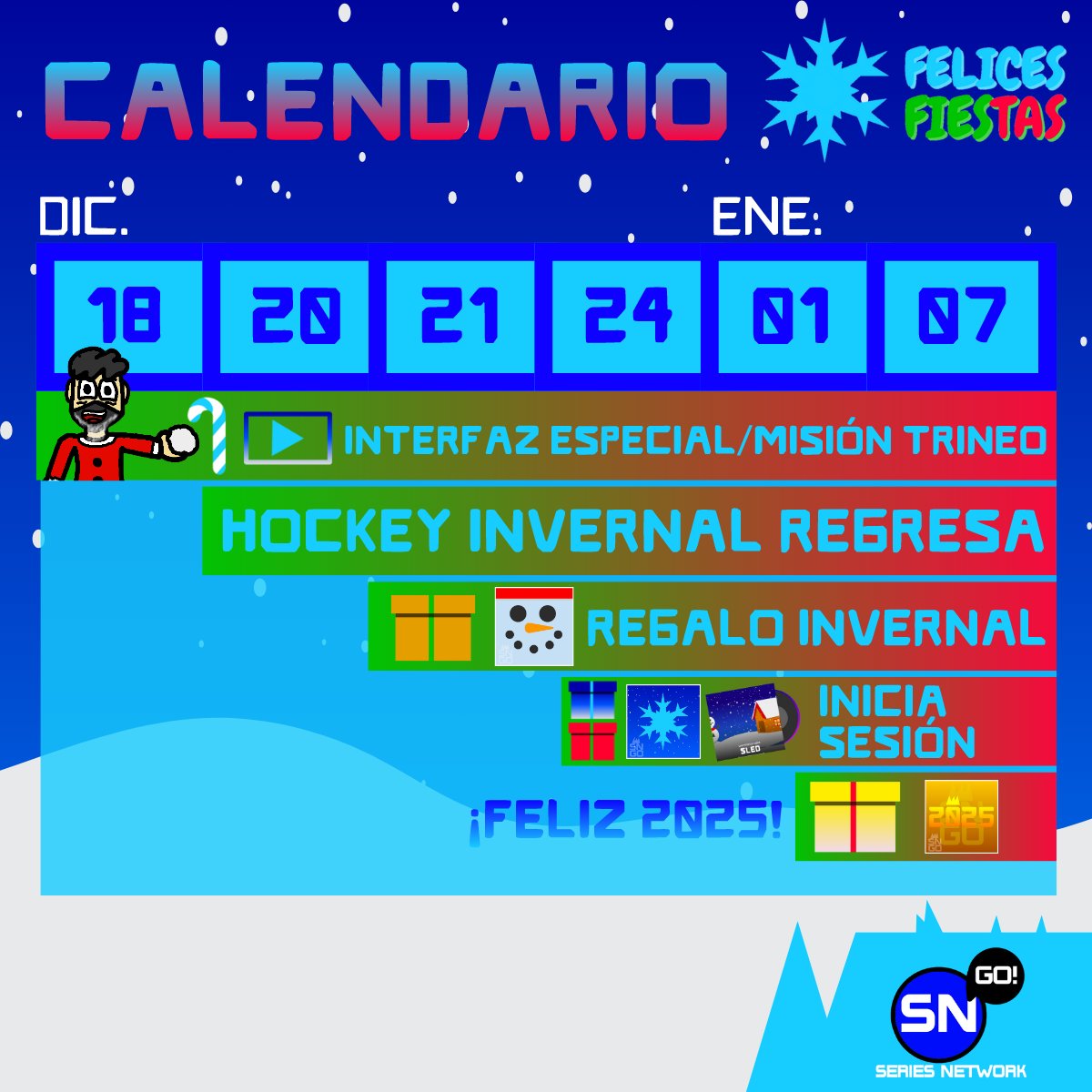 seriesnetworkgo's tweet photo. ¡Felices Fiestas ha llegado! ❄️

🛷 Ven a ayudar a Lucas a entregar los regalos jugando nuestro nuevo modo: Misión Trineo, ¡y gana excelentes recompensas! 🎁

Además, habrán más modos de juego disponibles. ¡Mantente alerta! ☃️
#FelicesFiestas #SeriesNetworkGO #SNGO https://t.co/oXNGoqYAhF
