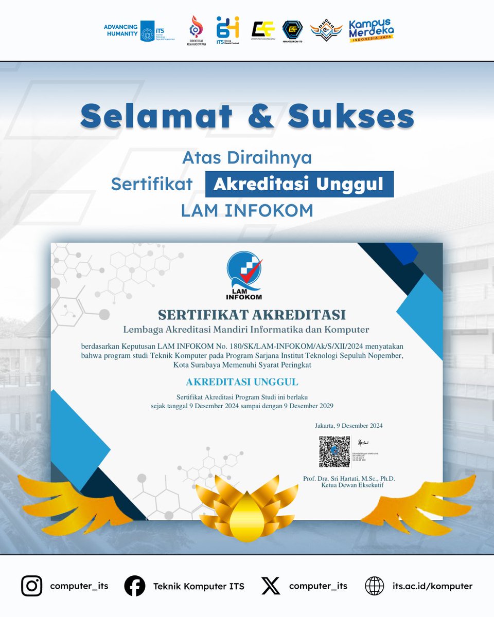 Alhamdulilllah,

Program Studi Teknik Komputer pada Program Sarjana Institut Teknologi Sepuluh Nopember, Kota Surabaya Memenuhi Syarat Peringkat AKREDITASI UNGGUL.