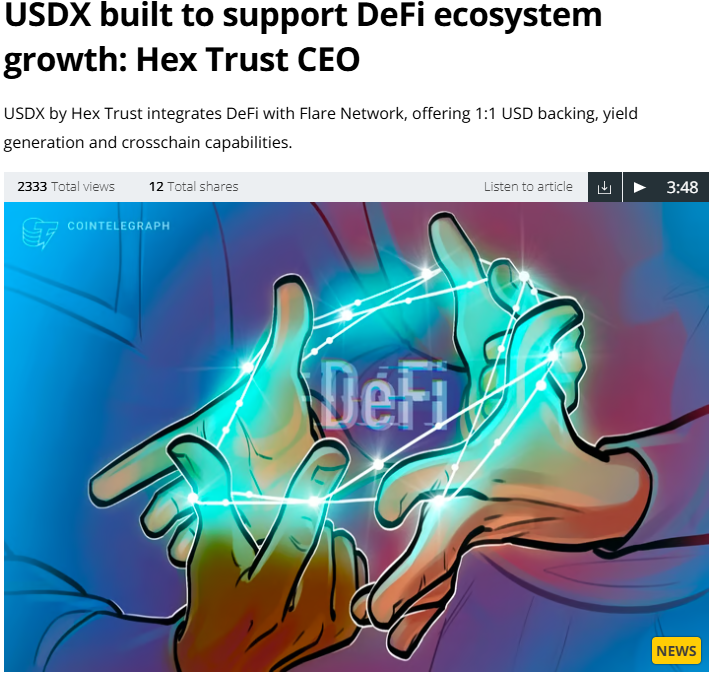 Issued by Hex Trust, USDX is the 1st native stablecoin on the <a href="/FlareNetwork/">Flare network</a>, backed 1:1 by USD assets. Secure, reliable &amp; ready to power the Flare ecosystem, USDX holders earn rewards on their USDX by participating in the USDX T-Pool on <a href="/Clearpoolfin/">Clearpool (launching Ozean🌊)</a>. Read more on USDX’s utility