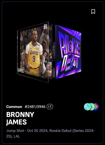 bumsterNFT's tweet image. I'm giving away a @BronnyJamesJr @NBATopShot  Rookie Debut.   
#NBATopShot #RookieDebut 

1⃣ follow
2⃣ like and retweet
3⃣ comment with your NBA Top Shot username

ends December 28th at 8:30 PM ET