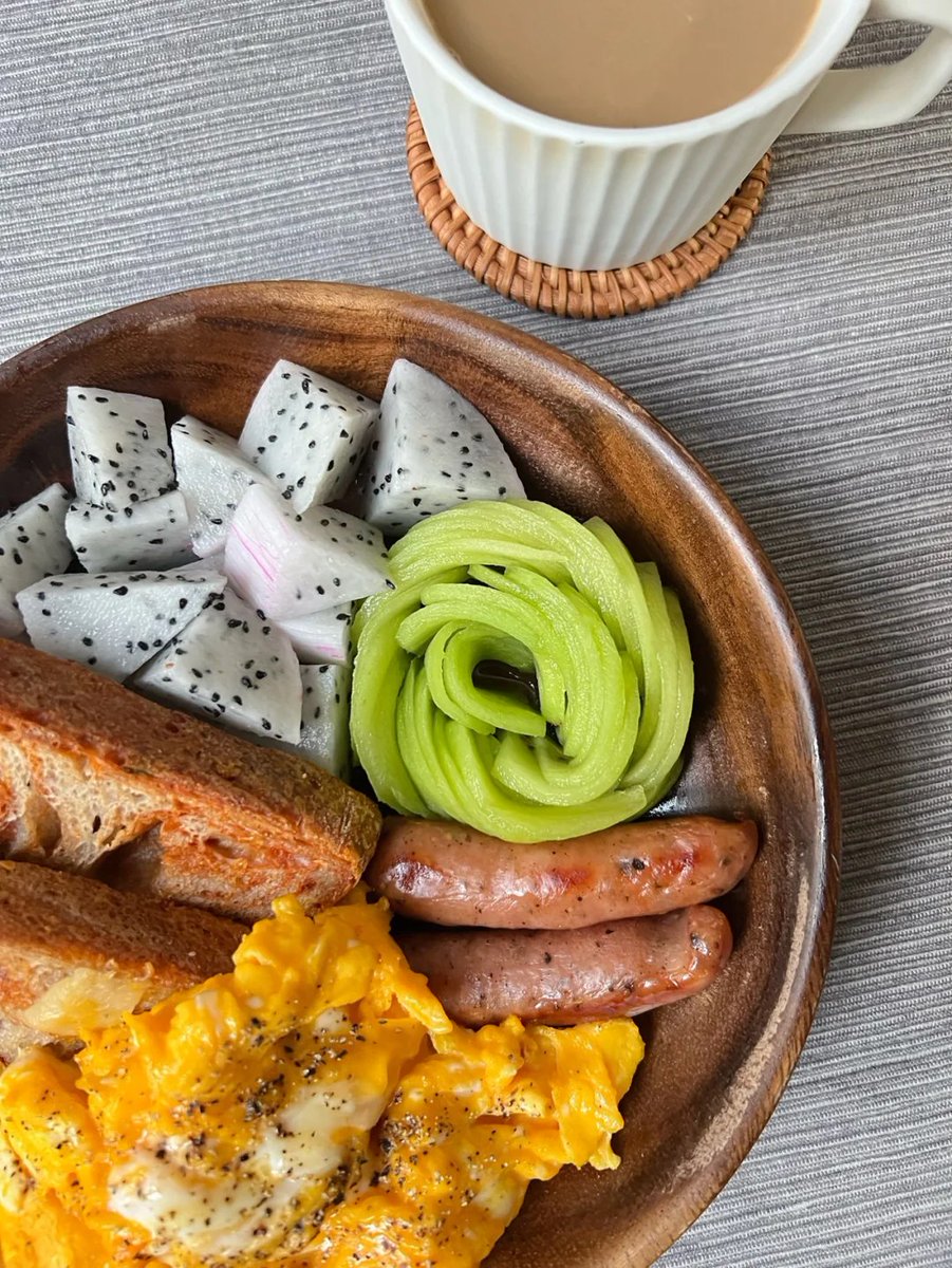 Hearty breakfast: toast, eggs, fruit, sausages, coffee🥚☕️😋🥰