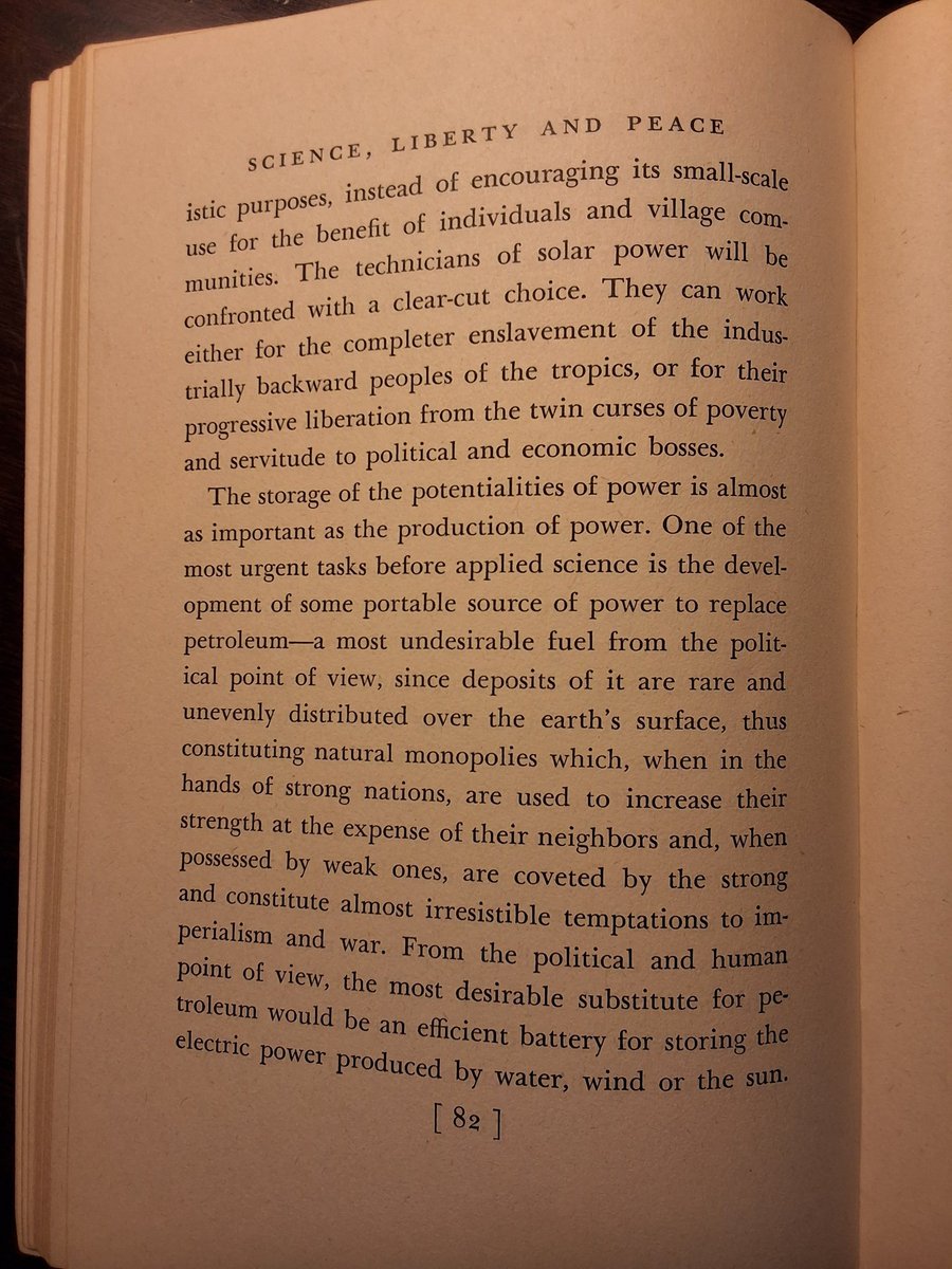 Aldous Huxley wrote in 1946 that solar, batteries, and PtX would be key to the decentralization of power, thus lasting world peace, after seeing what German engineers "accomplished" in WWII.