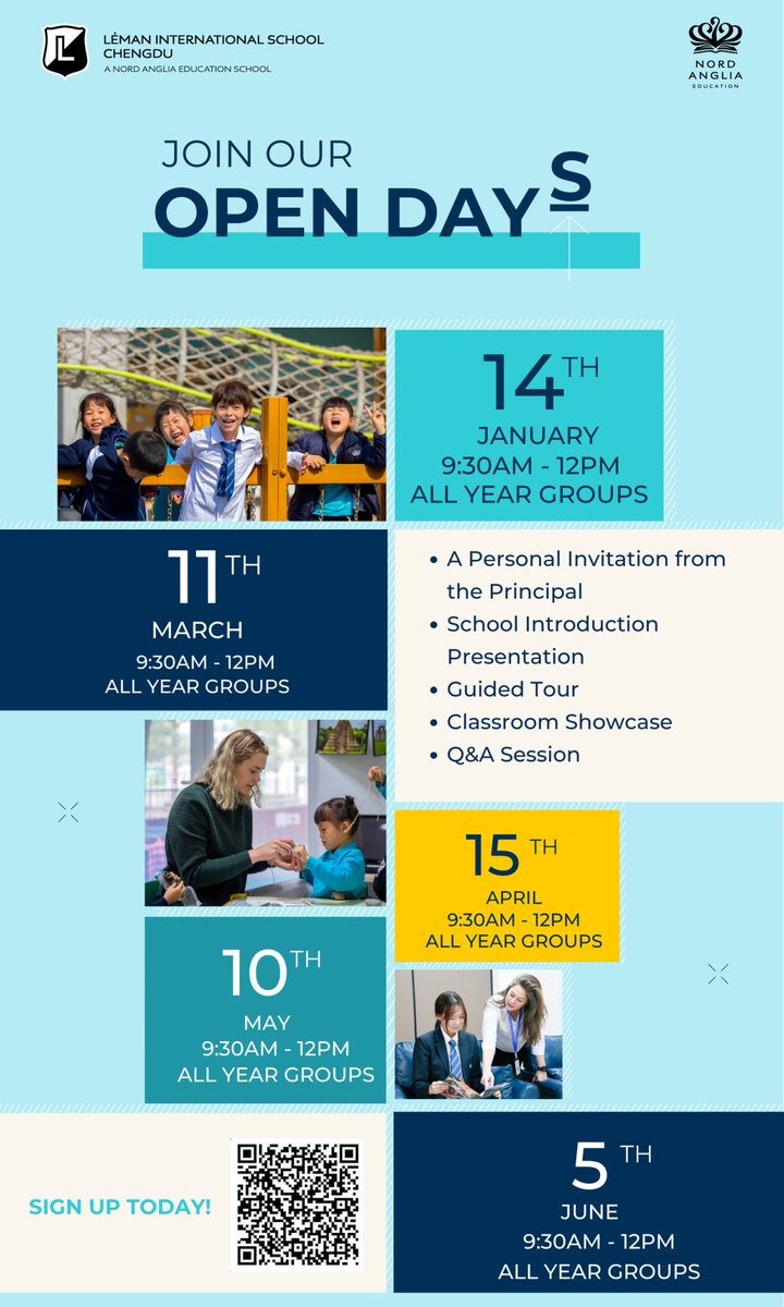 LemanChengdu's tweet image. We are delighted to announce our School Open Day schedule for the first half of 2025! We warmly invite you and your family to embark on this unique journey of discovery.
Please scan the QR code below to reserve your family's place! We look forward to seeing you at Léman!