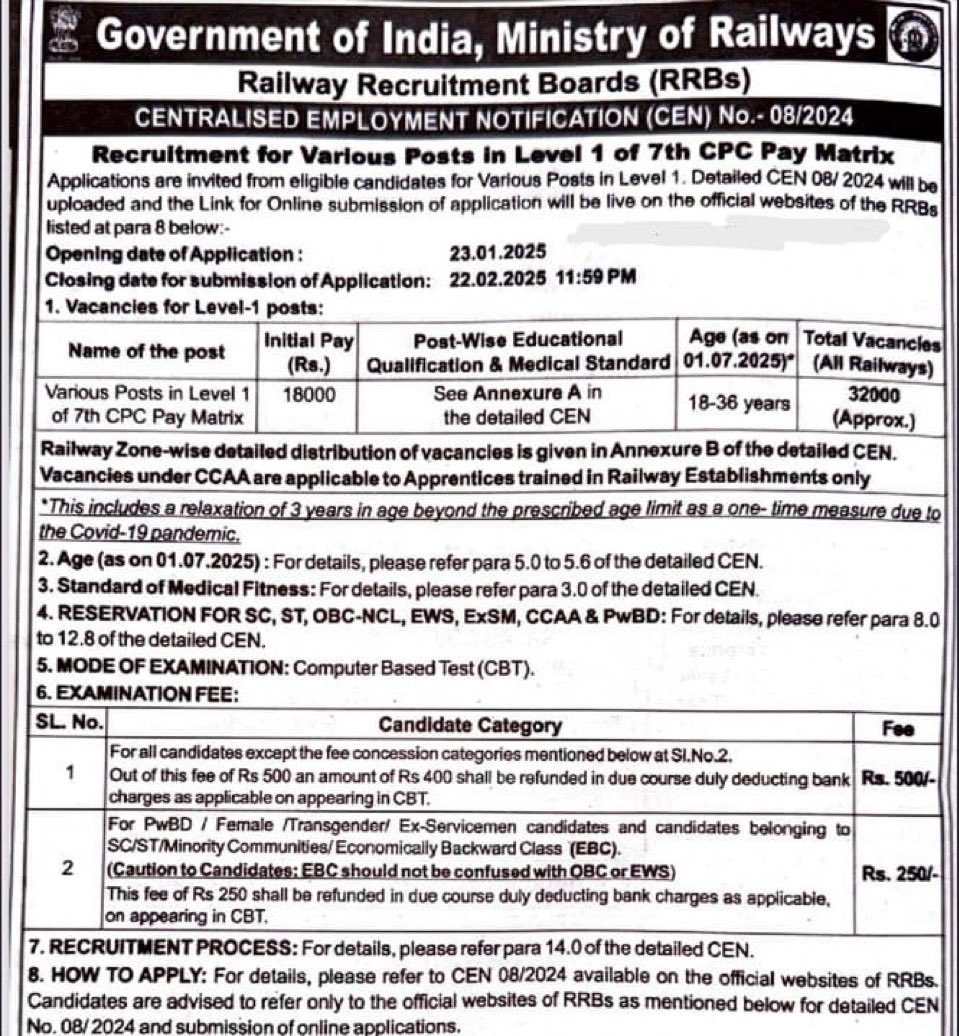 All India Railway Act Apprentice Association (@airaaaofficial) on Twitter photo अगर भारतीय रेलवे में 1.50 लाख से अधिक पद खाली हैं, तो सिर्फ 32,000 पदों पर भर्ती क्यों निकाली गई है?यह पूरी तरह से अन्याय है। रेलवे अभ्यर्थी मांग करते हैं कि लेवल-1 के लिए कम से कम 1 लाख वैकेंसी जारी की जाए।
#RailwayLevel1_1Lakh_VacancyDo
#Group_D_वैकेंसी_बढ़ाओ
<a href="/AshwiniVaishnaw/">Ashwini Vaishnaw</a> अगर भारतीय रेलवे में 1.50 लाख से अधिक पद खाली हैं, तो सिर्फ 32,000 पदों पर भर्ती क्यों निकाली गई है?यह पूरी तरह से अन्याय है। रेलवे अभ्यर्थी मांग करते हैं कि लेवल-1 के लिए कम से कम 1 लाख वैकेंसी जारी की जाए।
#RailwayLevel1_1Lakh_VacancyDo
#Group_D_वैकेंसी_बढ़ाओ
<a href="/AshwiniVaishnaw/">Ashwini Vaishnaw</a>