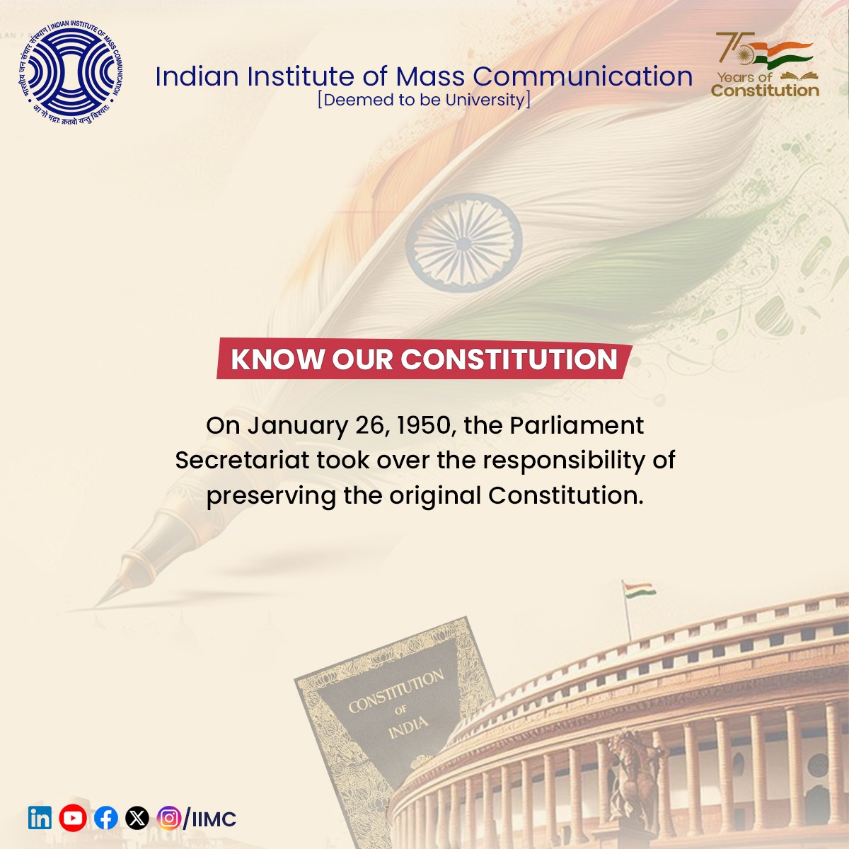 IIMC_India's tweet photo. #KnowOurConstitution
On January 26, 1950, the Parliament Secretariat took over the responsibility of preserving the original #Constitution.
#ConstitutionDay #ConstitutionAt75 #10YearsOfConstitutionDay #SamvidhanDivas2024 #HumaraSamvidhanHumaraSwabhimaan https://t.co/pXc0TdFIAE
