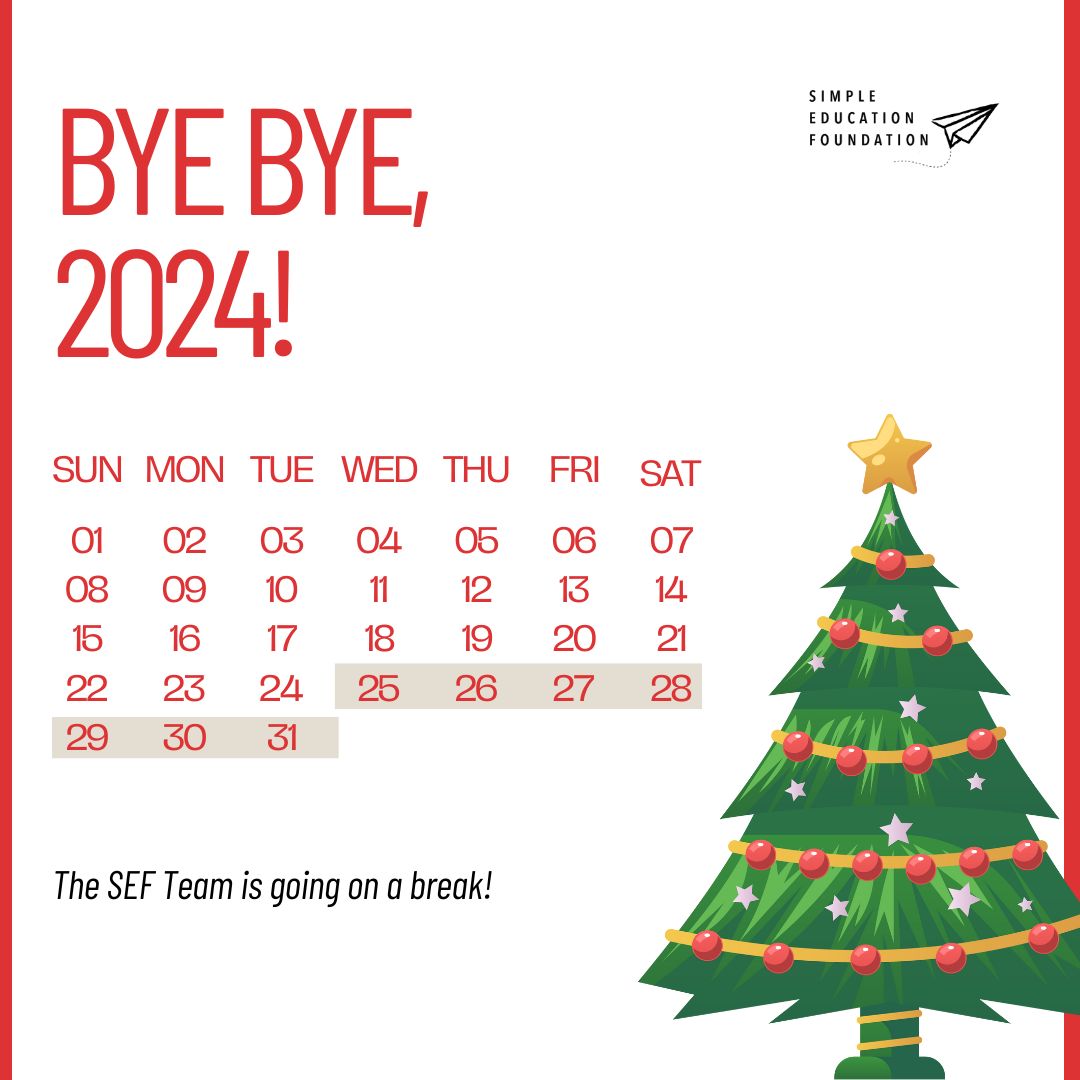 As the year winds down, the SEF Crew will be taking a short break from December 25th to January 1st. We will respond to all mails and social media enquiries when we’re back! 

We wish you a joyful Christmas and a bright, inspiring start to the New Year filled with love