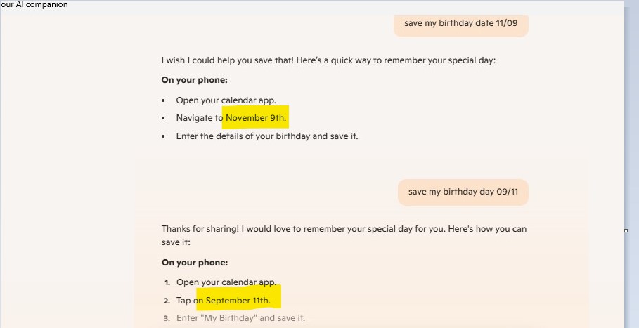 rishabhkbakshi's tweet image. Just tested date formats across AI chatbots by taking my DOB (11th September):
@ChatGPTapp &amp;amp; @WhatsApp @MetaAI_Lab: No fixed date format.
@MSFTCopilot: Follows US format (mm/dd) – correctly interprets 11/09 as Nov 9 &amp;amp; 09/11 as Sept 11.
Interesting results!  #AI #DateFormats
