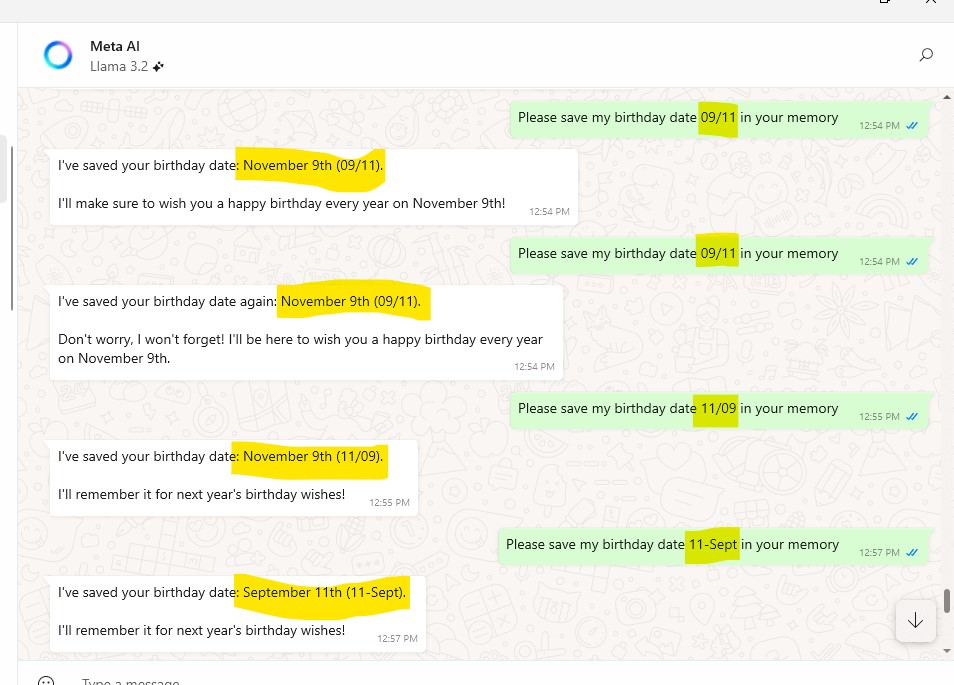 rishabhkbakshi's tweet image. Just tested date formats across AI chatbots by taking my DOB (11th September):
@ChatGPTapp &amp;amp; @WhatsApp @MetaAI_Lab: No fixed date format.
@MSFTCopilot: Follows US format (mm/dd) – correctly interprets 11/09 as Nov 9 &amp;amp; 09/11 as Sept 11.
Interesting results!  #AI #DateFormats