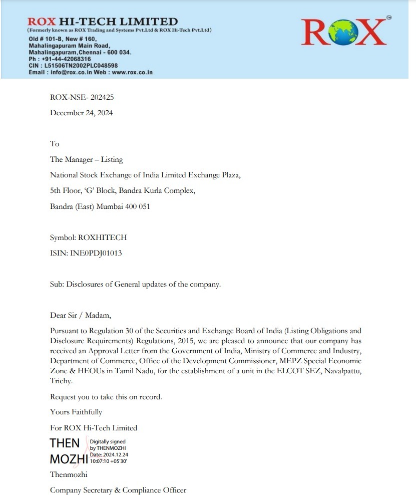 ValueEducator's tweet photo. #ROX Hi Tech Limited

ROX Hi Tech has received approval from the Ministry of Commerce and Industry, Government of India, for establishing a unit in the ELCOT SEZ, Navalpattu, Trichy. 

#ROXHiTech #BusinessExpansion #TrichySEZ #Milestone https://t.co/BYAKobw2hL