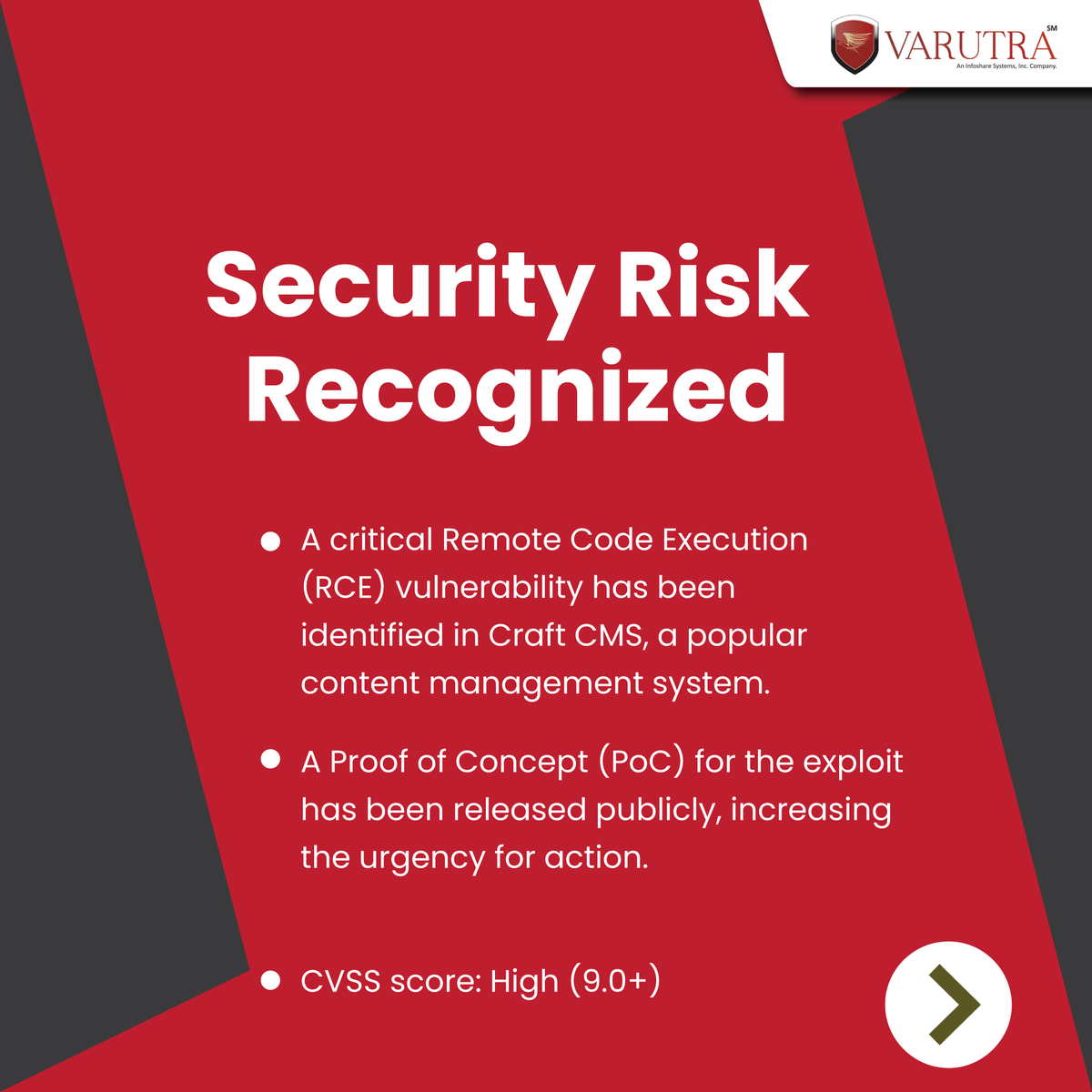 varutra's tweet image. 🚨 Critical Alert: Craft CMS Vulnerability Exposed! 🚨
A serious RCE vulnerability in Craft CMS with a public PoC has put websites at risk.  #SecureYourBusiness #VarutraSolutions #TechUpdate #CyberSafety #WebsiteSecurity