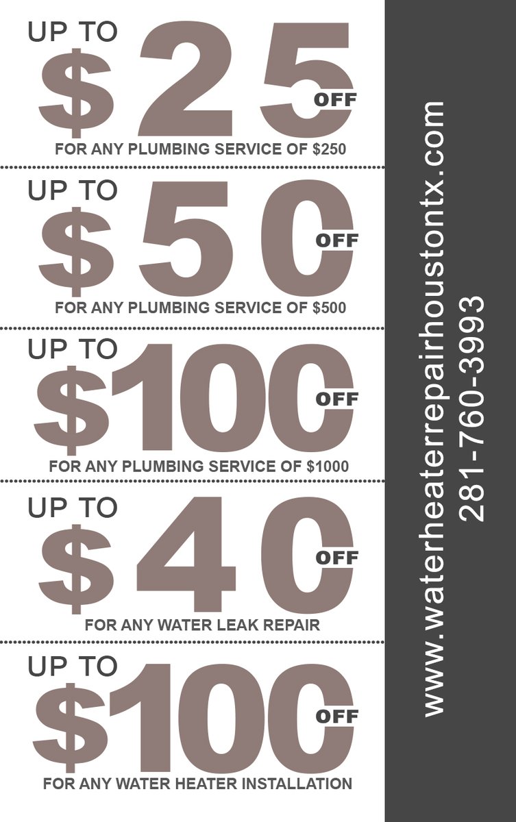 Offers:
$25 off for any service of $250
$50 off for any service of $500
$100 off for any service of $1000
$40 off for water leak repair
$100 off for installing water heater

payment methods:
Cash, Master Card, Visa, American Express, Discover