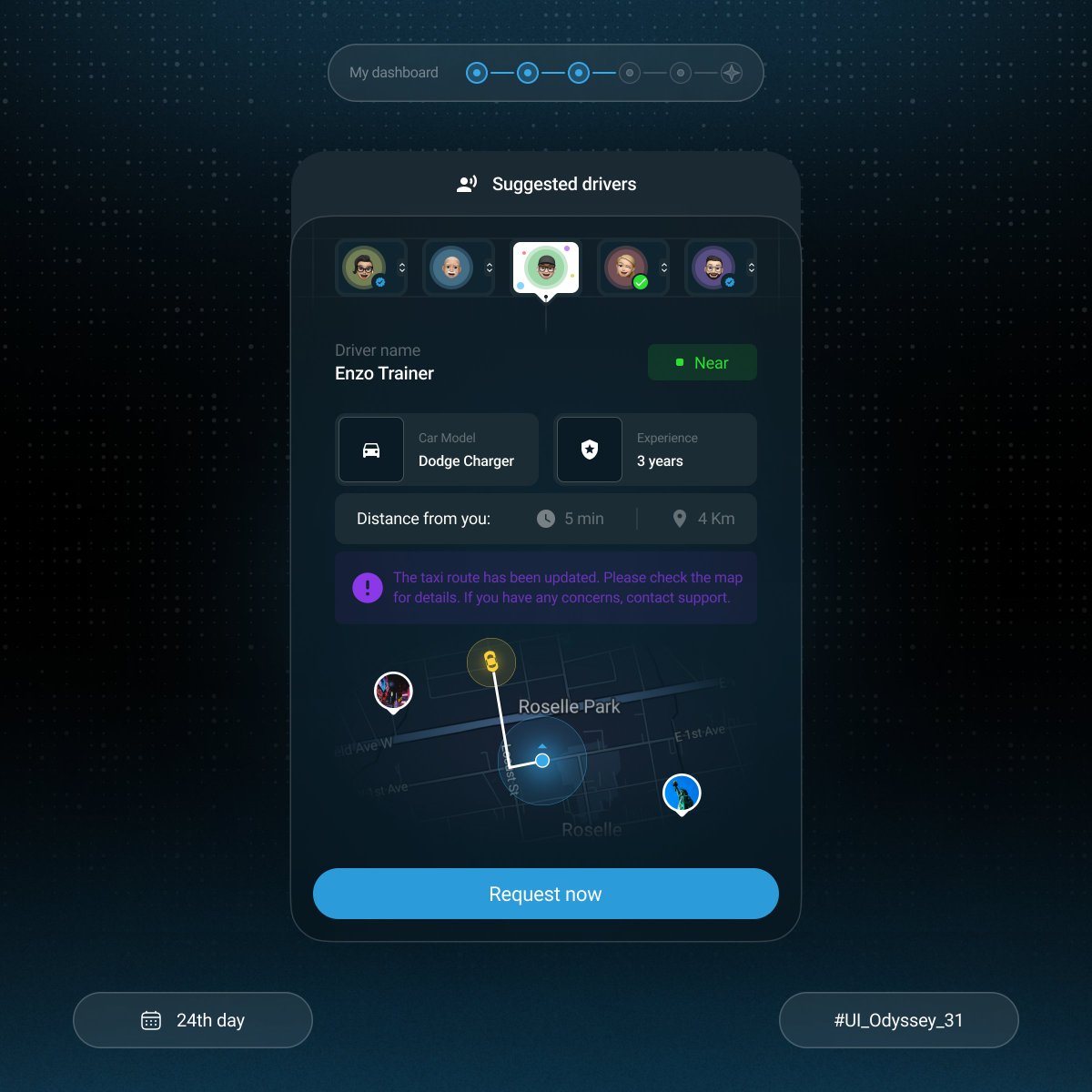 Hey guys:)))

📅 Day 24 of UI_Odyssey_31! Discover smarter travel options with the Taxi Route Recommendation Component! 🚕 Get personalized route suggestions that match your needs and preferences. ✨
#UI_Odyssey_31 #uidesign #productdesign #uiux #uiuxdesign