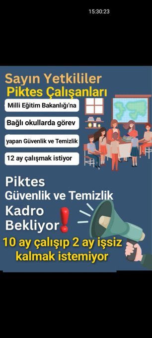 PİKTES’te  görev yapan öğretmende ,güvenlik ve temizlikte kadro talep ediyor.
Öğretmende ,kamuda çalışanlarda o kadar çok sorunlu kılındı ki mağduriyetler arttı.Çözüm kamuda tüm taşeronda olanda,şirkette bulunanda,kadrosu olmayanda kadroları verilmelidir. #Piktes