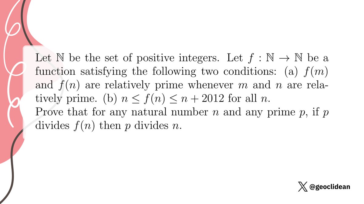 geoclidean's tweet photo. f(m), f(n) are relatively prime whenever (m,n)=1
#Function #ModularArithmetic #Induction #NumberTheory #GreatestCommonDivisor #RelativelyPrime #ArithmeticSequence https://t.co/55Y3OyMRrP