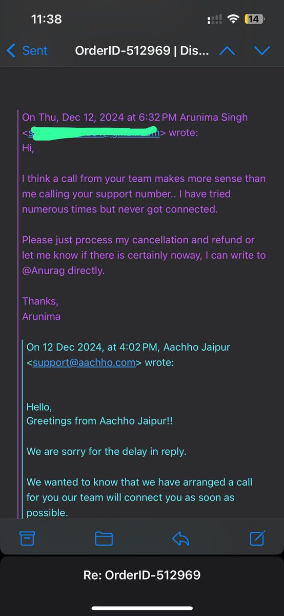 arunimasingh_'s tweet photo. An order placed on the 5th; canceled within 2 days due to their long delivery times. Worse CS team.. 20+ calls unanswered and 1 response after sending six emails. &amp; now, they want to issue a credit note instead of a refund. @aachho This exp. mks me ques ur commitment to customers https://t.co/p85l2b2piA
