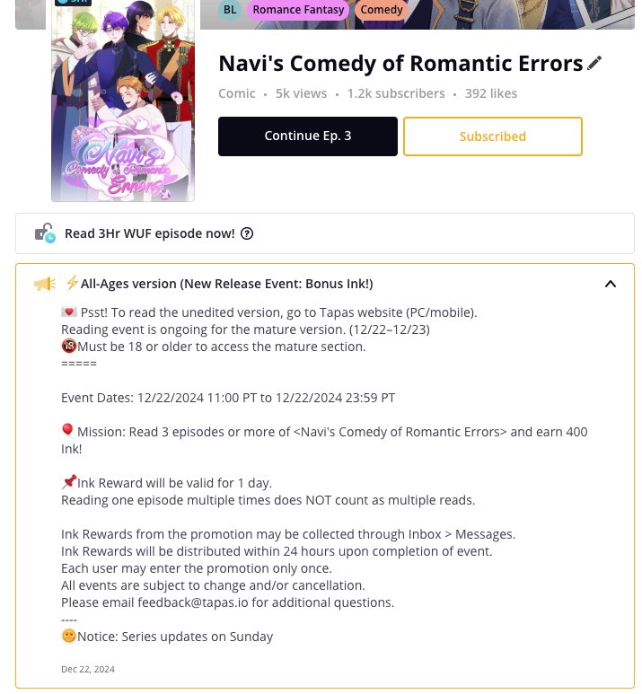 mero_se1's tweet photo. Hey guys! Just a quick remi der, there’s a bonus ink event happening for Navi’s Comesy of Romantic Errors! 

Read 3 episodes or more and earn 400 ink (valid for 1 day)
🔸 Mature version event : Dec 22-23 PT 
🔸 All ages version event: Dec 22 PT 

Ps. new episode drop every Sunday https://t.co/YVMSJJp5Lb