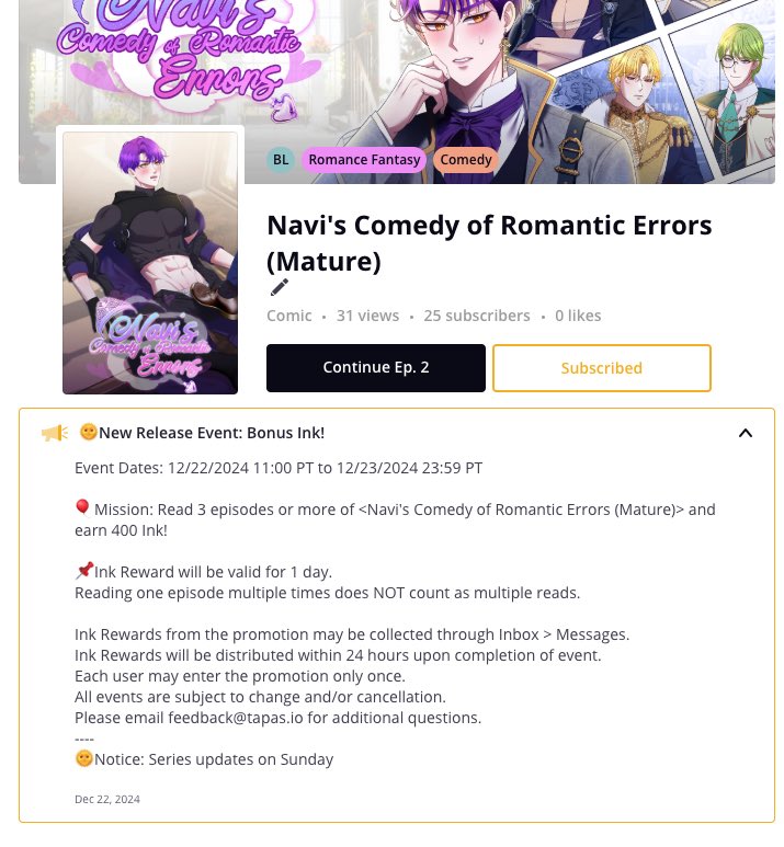 mero_se1's tweet photo. Hey guys! Just a quick remi der, there’s a bonus ink event happening for Navi’s Comesy of Romantic Errors! 

Read 3 episodes or more and earn 400 ink (valid for 1 day)
🔸 Mature version event : Dec 22-23 PT 
🔸 All ages version event: Dec 22 PT 

Ps. new episode drop every Sunday https://t.co/YVMSJJp5Lb