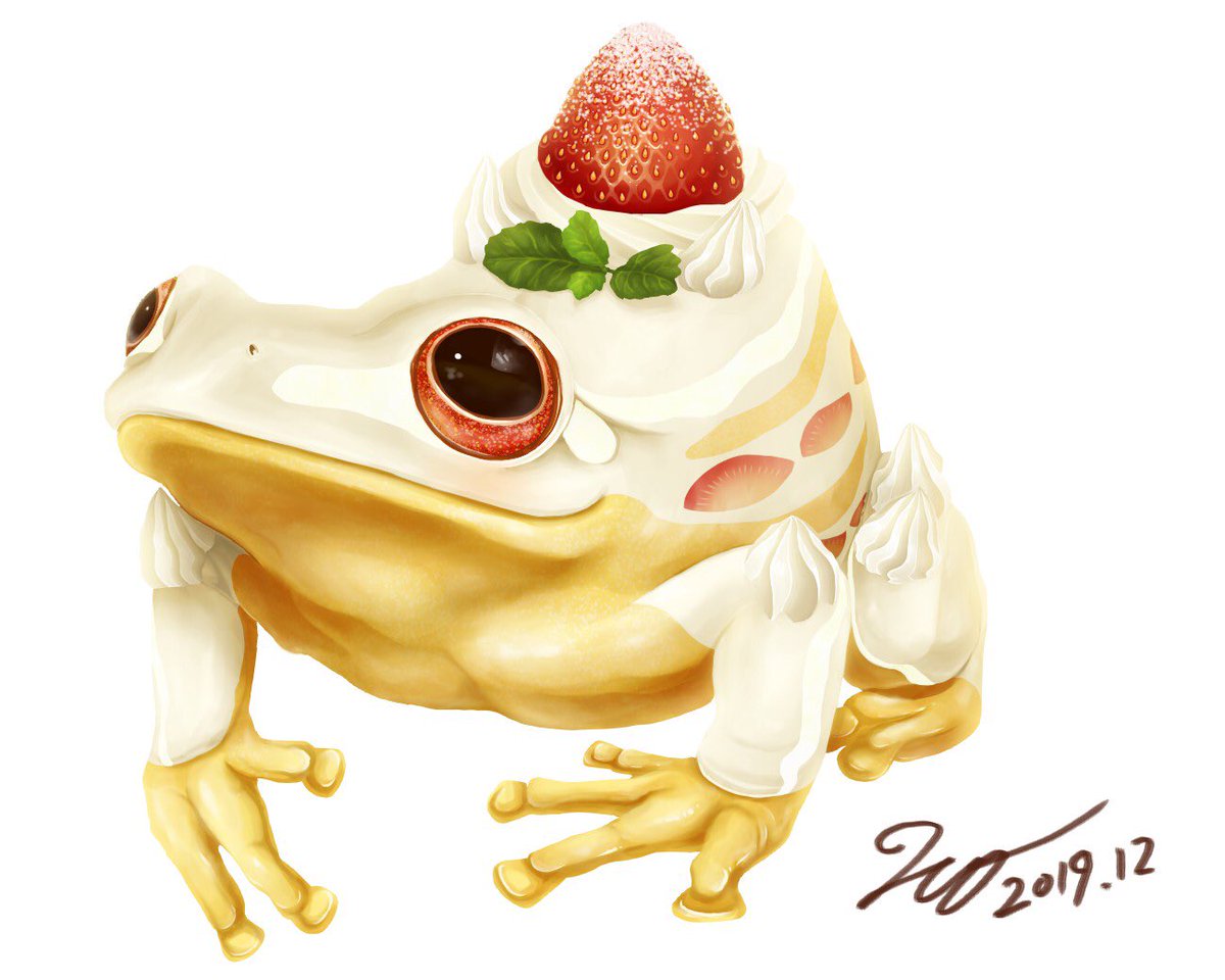 「#カエルメイト より「ショートケーキガエル」ショートケーキそっくりの #カエル 」|ヒキタ レオ▶︎引田 玲雄のイラスト