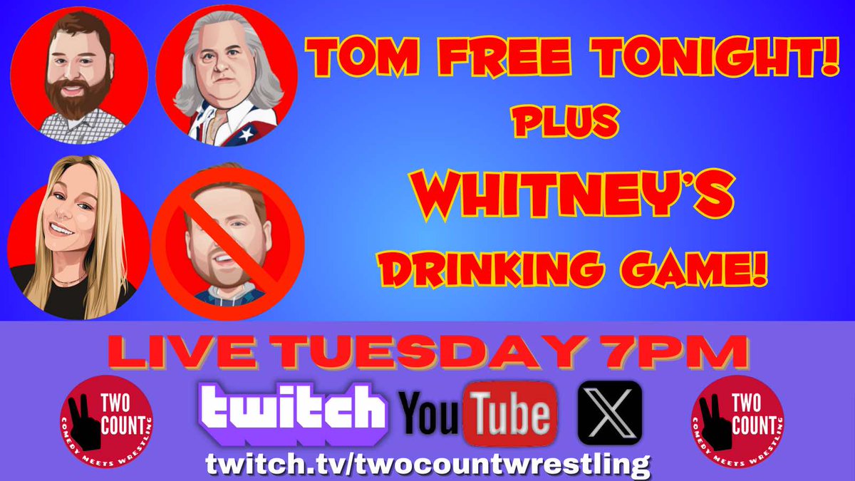 A #TwoCountTuesday w/o <a href="/TomChillstrom/">*Top Shelf* Tom Chillstrom</a> &amp; the rest of the crew is having a drinking game of <a href="/mccallister8/">Whitney McCallister</a> choosing.
7PM CT start on #Twitch #YouTubeLive #X

#2Count #NotTopShelf #NoTeamTopShelf #NotTopShelfLife <a href="/Twitch/">Twitch</a> <a href="/YouTube/">YouTube</a> <a href="/X/">X</a> #Christmas #DrinkingGame #Live #ProWrestling