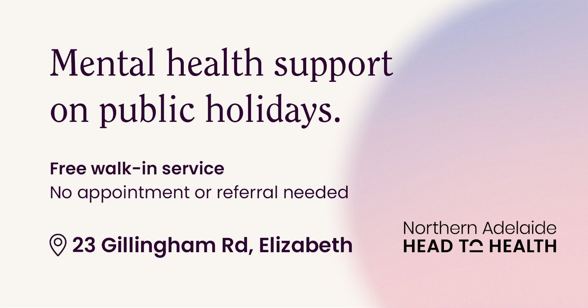 Northern Adelaide Head to Health provides free, walk-in #MentalHealthSupport, even on public holidays:

✅ Tuesday 24 December: 8.30 am – 9 pm
✅ Wednesday 25 December: 12 pm – 6.30 pm
✅ Thursday 26 December: 12 pm – 6.30 pm

Visit sonder.net.au/headtohealth for more information.