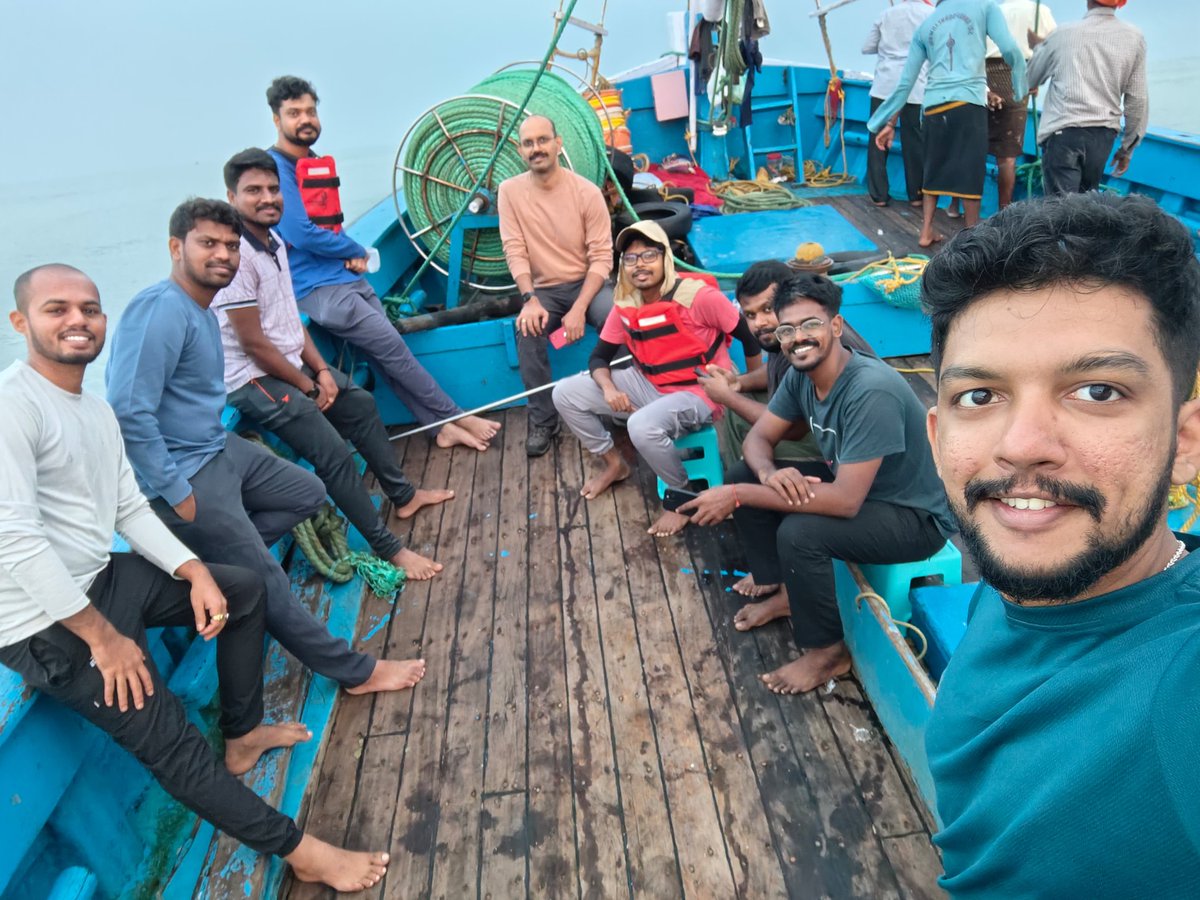 GokulValsan's tweet photo. Yesterday's fieldwork aboard Jal Vikranth was an unforgettable experience! 🌊⚓ From 6 AM to 10 PM, our team lived the fisherman's life while monitoring the water column in potential fishing zones off Mangalore. Science meets the sea! #FieldworkDiaries #MarineResearch https://t.co/o34qg0fnxE