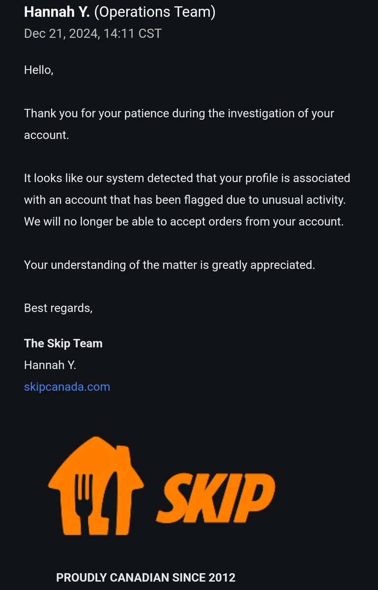 mashumaro_bb's tweet photo. SMH @SkipCanada banned me after they sent me a compensation in Skip credit for a missing order.  And after I received this email from Skip, the service rep no longer reply to me.  But @DoorDash still welcomes me. https://t.co/Jwk1eCggnG