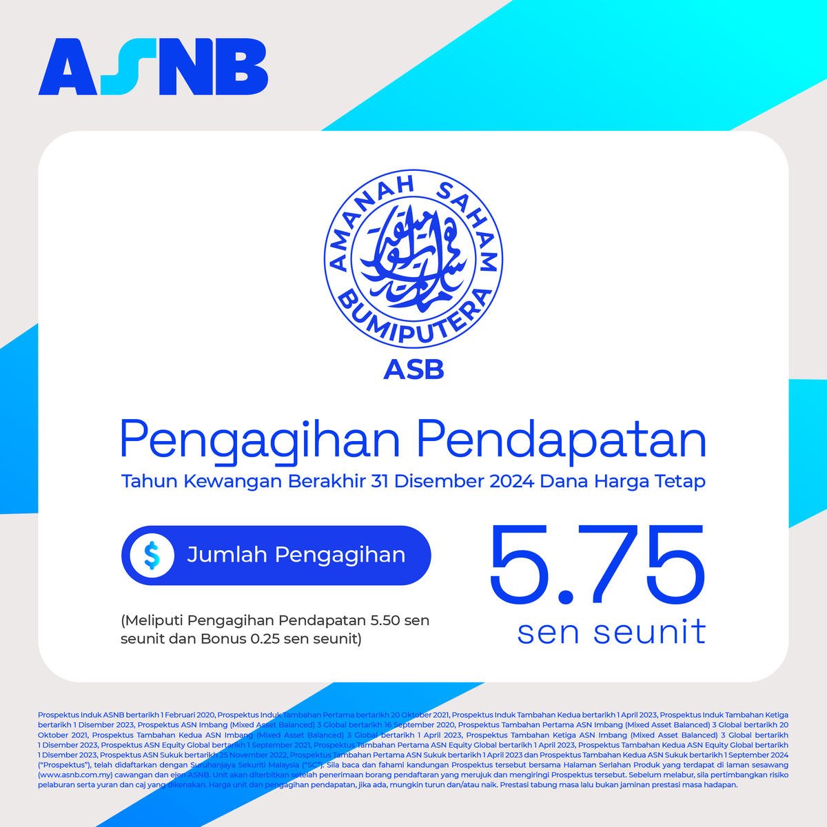 ASNBmy_official's tweet photo. ASNB mengumumkan jumlah pengagihan pendapatan sebanyak 5.75 sen seunit bagi dana Amanah Saham Bumiputera (ASB) untuk tahun kewangan berakhir 31 Disember 2024.

Jumlah tersebut terdiri daripada pengagihan pendapatan sebanyak 5.5 sen seunit dan bonus sebanyak 0.25 sen seunit. Jumlah keseluruhan pengagihan pendapatan sebanyak RM10.1 bilion ini memanfaatkan 11.1 juta pemegang unit ASB.

#ASNB #ASB #Dividen