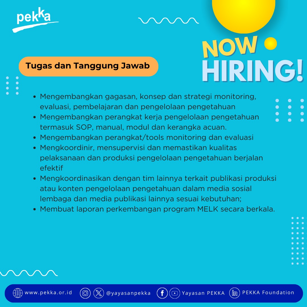 DIPERPANJANG!!

Mari bergabung bersama Yayasan PEKKA!

Kami sedang mencari talenta terbaik untuk posisi Manajer MELK. Jika anda adalah seseorang yang memiliki semangat tinggi dan kreatif, ini adalah kesempatan anda!

#HIRINGNOW #lowongankerja