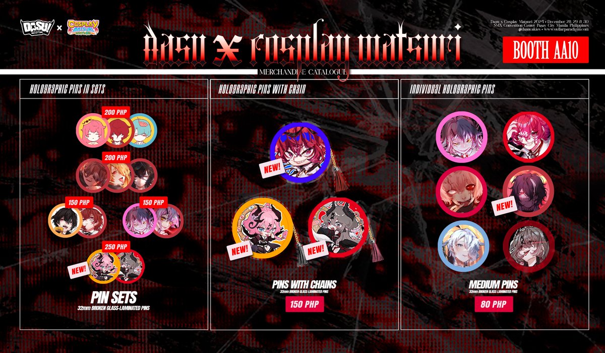 dasucakies's tweet photo. 【 EVENT MERCHANDISE 】

Here's my merchandise catalogue for Cosplay Matsuri 2024 ❤️ Available at Dasu Booth (AA10) on all event days 🫶 Some items are limited only!
👁️ Full view: https://t.co/1YOzo5JViF

#DasuMatsu2024
#CosplayMatsuri2024 https://t.co/oJXNvtaqYC