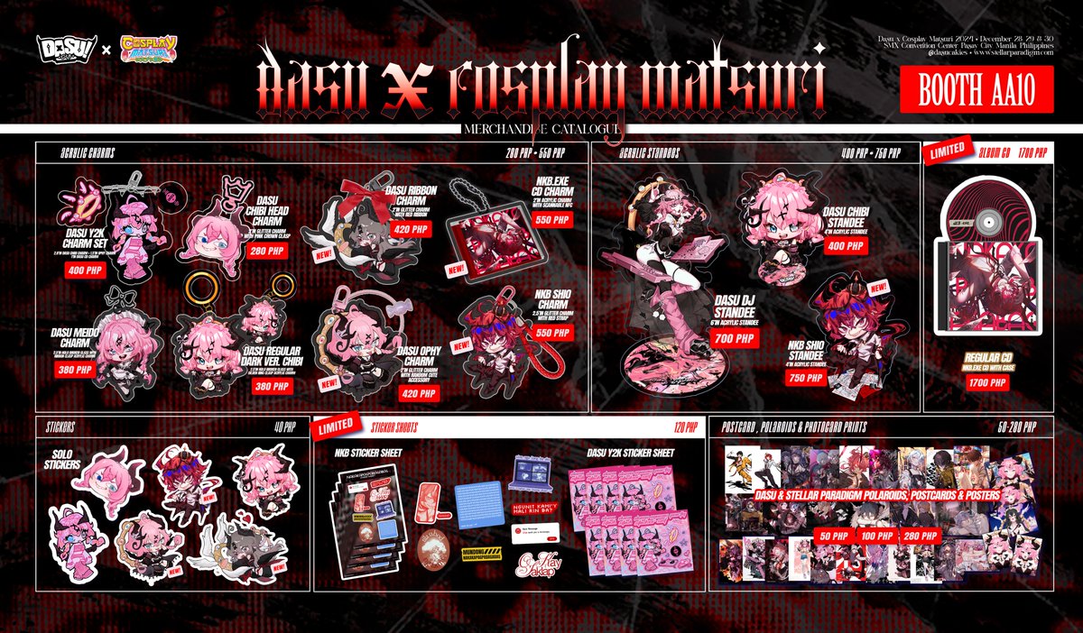 dasucakies's tweet photo. 【 EVENT MERCHANDISE 】

Here's my merchandise catalogue for Cosplay Matsuri 2024 ❤️ Available at Dasu Booth (AA10) on all event days 🫶 Some items are limited only!
👁️ Full view: https://t.co/1YOzo5JViF

#DasuMatsu2024
#CosplayMatsuri2024 https://t.co/oJXNvtaqYC