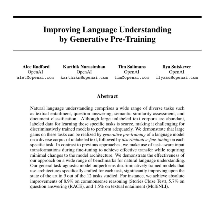 So all the authors of the original GPT paper are no longer at OpenAI

Alec Radford: Independent
Karthik Narasimhan: Prof @ Princeton
Tim Salimans: Research Scientist @ Google DeepMind
Ilya Sutskever: Co-founder @ SSI