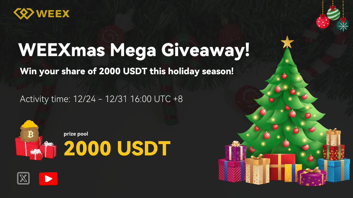 🎅✨ WEEXmas Youtube Mega Giveaway! 
🎁 Win your share of 2000 USDT this holiday season! 

 ⏳ Dec 24–31 | 🎉 Winners: 100

How to Join:
1️⃣ Subscribe: youtube.com/watch?v=BcplyQ…
2⃣️RT &amp; Tag 3 friends 
3⃣️ Comment WEEX UID + X username under #WEEXOwen Video.

Join now &amp; make this
