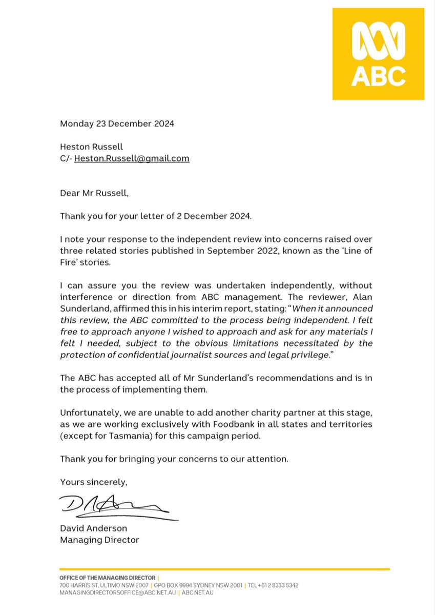 HestonRussell's tweet photo. Here’s an early Xmas present from the ABC Managing Director - his response to my letter rejecting their inquiry because it was not ‘independent’ by any qualification. Note the last paragraph… cut &amp; paste gone wrong! 
Taxpayer funds hard at work &amp; #ABC accuracy on display #Fail https://t.co/23nqn2Go2O