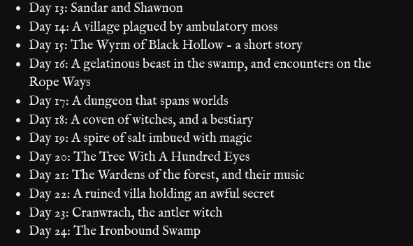 It's Christmas Eve and the penultimate entry in THE WITCH OF DRITHWYN WEALD just went live! Tomorrow this adventure draws to a close.

Here's an overview of everything included in the adventure. If you haven't picked this up yet you're missing out!

loottheroom.itch.io/advent2024 #ttrpg