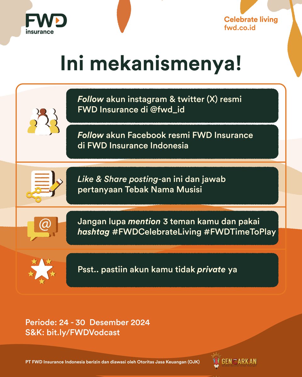 fwd_id's tweet photo. Tebak siapa nih bintang tamu Vodcast kali ini, Passionate People?
Yuk ikutan quiznya sekarang. Mau tau caranya gimana? Cek mekanismenya di sini: https://t.co/wONX5CbXS0

Periode: 24-30 Desember 2024
#FWDCelebrateLiving #FWDTimeToPlay #FWDInsurance https://t.co/od3uapOhbs