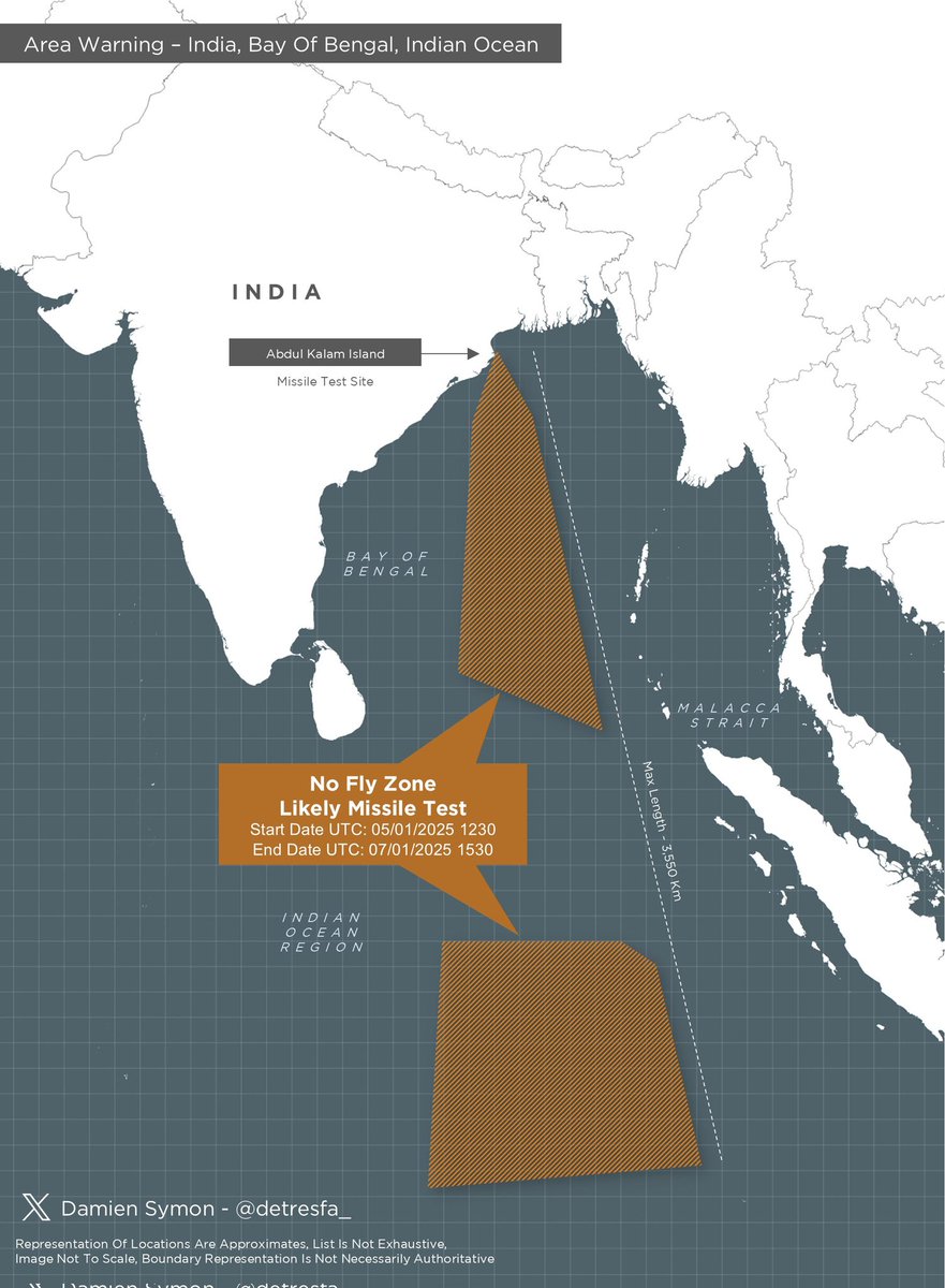 Defence_Index's tweet photo. #AreaWarning: ๐ฎ๐ณ ๐
India has issued a NOTAM for a potential long-range missile test in the Bay of Bengal/Indian Ocean region.
Designated Range: 3,550 km
Test Window: 05โ07 January 2025
The specified range suggests the test could involve the K-4 SLBM (Submarine-Launched Ballistic Missile) or the Agni-5 ICBM (Intercontinental Ballistic Missile).