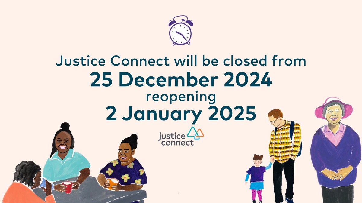 🗓️ The Justice Connect office will be closed from 25 December 2024, reopening 2 January 2025.

⚖️ If you are seeking urgent assistance, please contact your legal aid: ag.gov.au/legal-system/l…

💫 We wish you and your families a safe and restful holiday period.