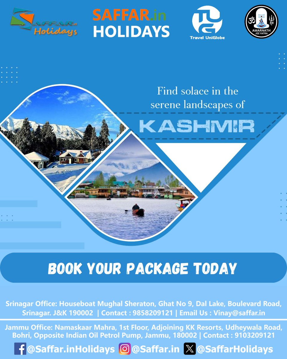 SaffarHolidays's tweet photo. Book Your Package Today !
9858209121 | 9103209121
Srinagar Address: Houseboat Mughal Sheraton, Ghat No. 9, Dal Lake, Boulevard Road, Srinagar. 190002
#kashmir #srinagar #leh #ladakh #gurez #travel #holiday #vacation #wanderlust #adventure #Saffar #SaffarHolidays https://t.co/4EjPUaXFWC