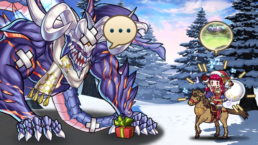 FE_Heroes_EN's tweet photo. Fomortiis: A single gift remains...
Yunaka: Zappy holidays, Fomortiis! Having fun?
Fomortiis: ...
Yunaka: Wow, you look pretty rough. Usually you're all like, "Grovel in awe!" But now you're more like a big puppy.
Fomortiis: Do not imitate me.
#DemonKingsDeliveryService #FEHeroes

Yunaka: Y'know, there's a hot spring tucked away around here. Maybe getting a good soak in would relieve some of that winter-envoy fatigue and get you back to your old, grumpy self!
Fomortiis: Hm, a hot spring...