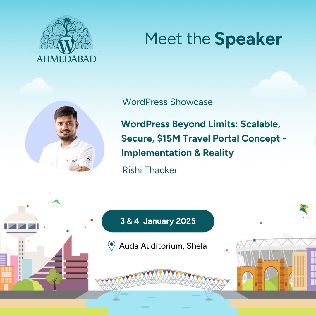 🌟 Meet Rishi Thacker at WordCamp Ahmedabad 5.0 for his session, “WordPress Beyond Limits: Scalable, Secure, $15M Travel Portal Concept – Implementation &amp; Reality” Discover how to leverage WordPress 🌐

🔗 shorturl.at/1AQaL

#WCAhmedabad #WordCamp #WordPress