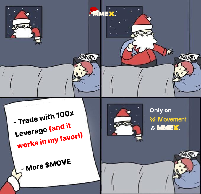 mmex_io's tweet photo. All I want for #Movemas is... 🎅
- Trade with 100x Leverage (and it works in my favor!)
- More $MOVE
Santa knows where to find it: Only on @movementlabsxyz & #MMEX. 🎄✨
What's on your #Movemas wishlist? https://t.co/0n27BFQjyh