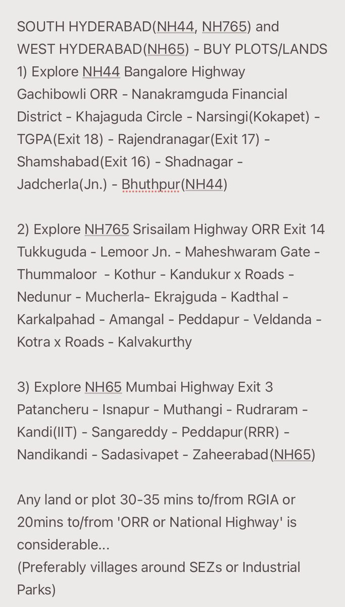HyderabadLands's tweet photo. #InvestHyderabad Middle Class and Upper Middle Class Investors -
👉 EXPLORE South Hyderabad - NH44 & NH765
👉 EXPLORE West Hyderabad - NH65
👉 FORGET North & East Hyderabad for 10 Years
#Hyderabad #RealEstate #ORR #RRR #HMDA #GHMC #Shamshabad #RGIA #SEZ #IndustrialPark #GO111 https://t.co/DplMgYm6Y1