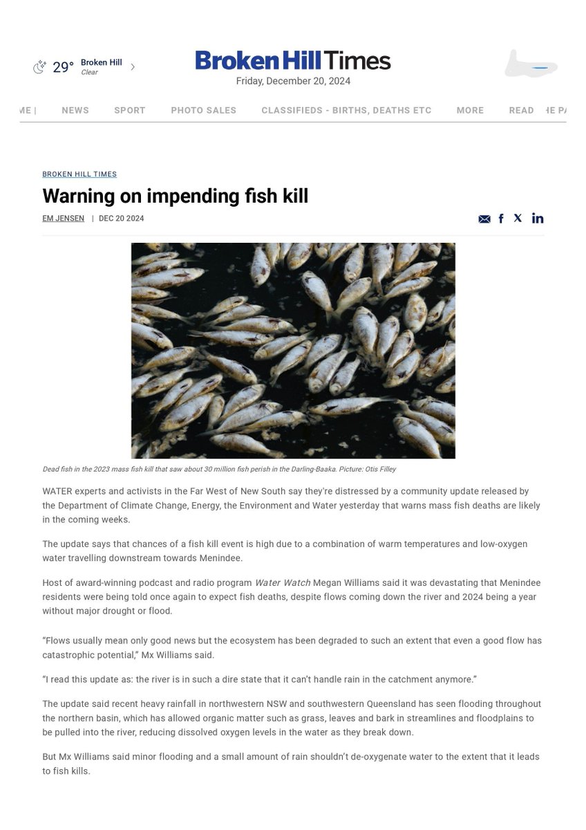 watershedallyAU's tweet photo. #fishkill #Walgett #SaveOurDarling #Baaka #SaveOurMLS #waterquality #murraydarling “Flows usually mean only good news but the ecosystem has been degraded to such an extent that even a good flow has catastrophic potential.. MW @WaterWatchRadio
'Warning...'Broken Hill Times 201224 https://t.co/rAgWWnNNSn