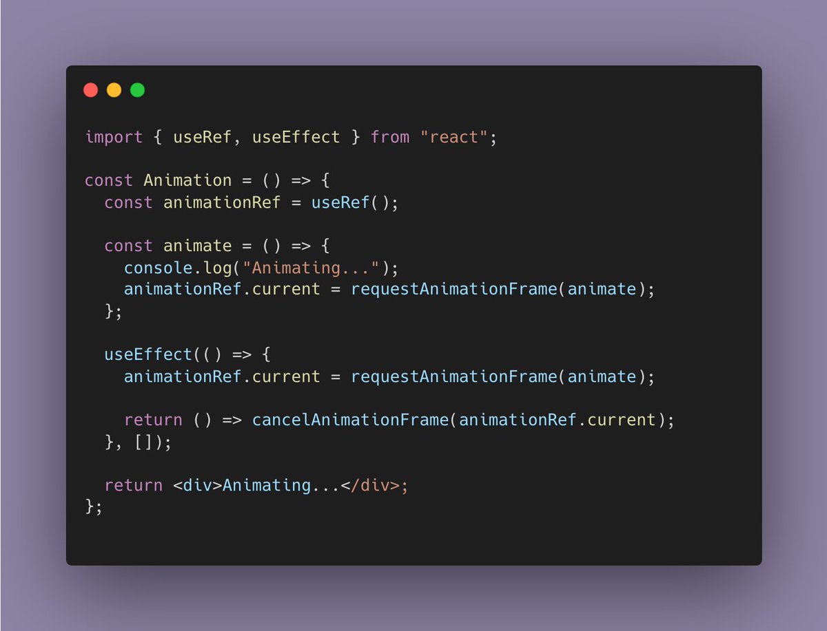 Yashu2301's tweet image. 🛠️ How you can control Animations using useRef :
Store requestAnimationFrame IDs to manage animations.
🔴 Problem: Not canceling the animation causes memory leaks.
🟢 Fix: Use cancelAnimationFrame in the cleanup function.
#ReactAnimations #JavaScript