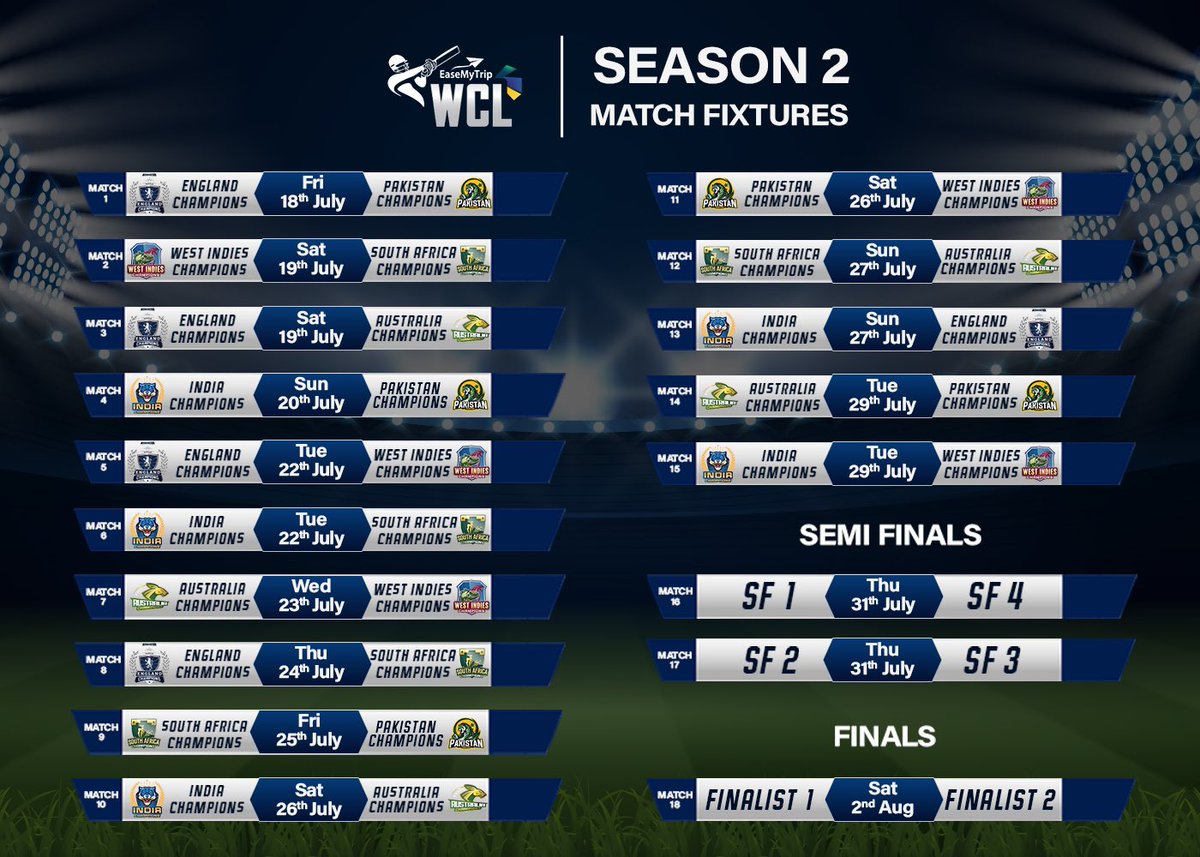WclLeague's tweet photo. WCL Season 2 schedule is here ! 🏏

Dates: 18th July 2025 to 2nd August 2025 . 

From the opening clash to the grand finale, each match promises to be a journey into the golden era of cricket. Rivalries will be reignited, stories will be retold, and history will be made.

The legends are ready—are you?

#WCLSeason2Schedule 
#Wcl2025 #wcl #worldchampionshipoflegends