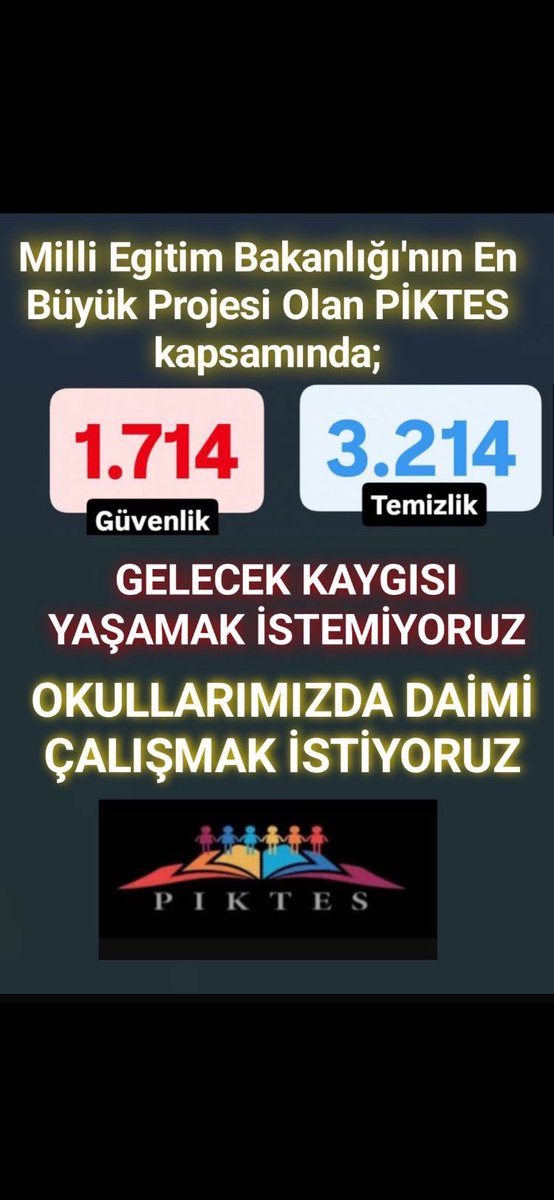 #Piktes Özel güvenlik görevlileri ve Temizlik görevlileri kadro 12 ay devamlılık istiyor.
Projeye yıllardır emek verdik artık kadro almak hakkımız.
<a href="/Yusuf__Tekin/">Yusuf Tekin</a> <a href="/cengizmete/">Cengiz Mete</a> <a href="/CelileErenOKTEN/">Celile Eren ÖKTEN</a> <a href="/mebhbogm/">MEB Hayat Boyu Öğrenme Genel Müdürlüğü</a> <a href="/chnkvnc/">Cihan KIVANÇ</a> @Piktes2Projesi <a href="/EUDelegationTur/">AB Türkiye Delegasyonu🇪🇺EU Delegation to Türkiye</a> <a href="/tcmeb/">Millî Eğitim Bakanlığı</a> <a href="/mebpersonel/">MEB Personel</a>
<a href="/alemdareyup/">Eyüp Alemdar</a>