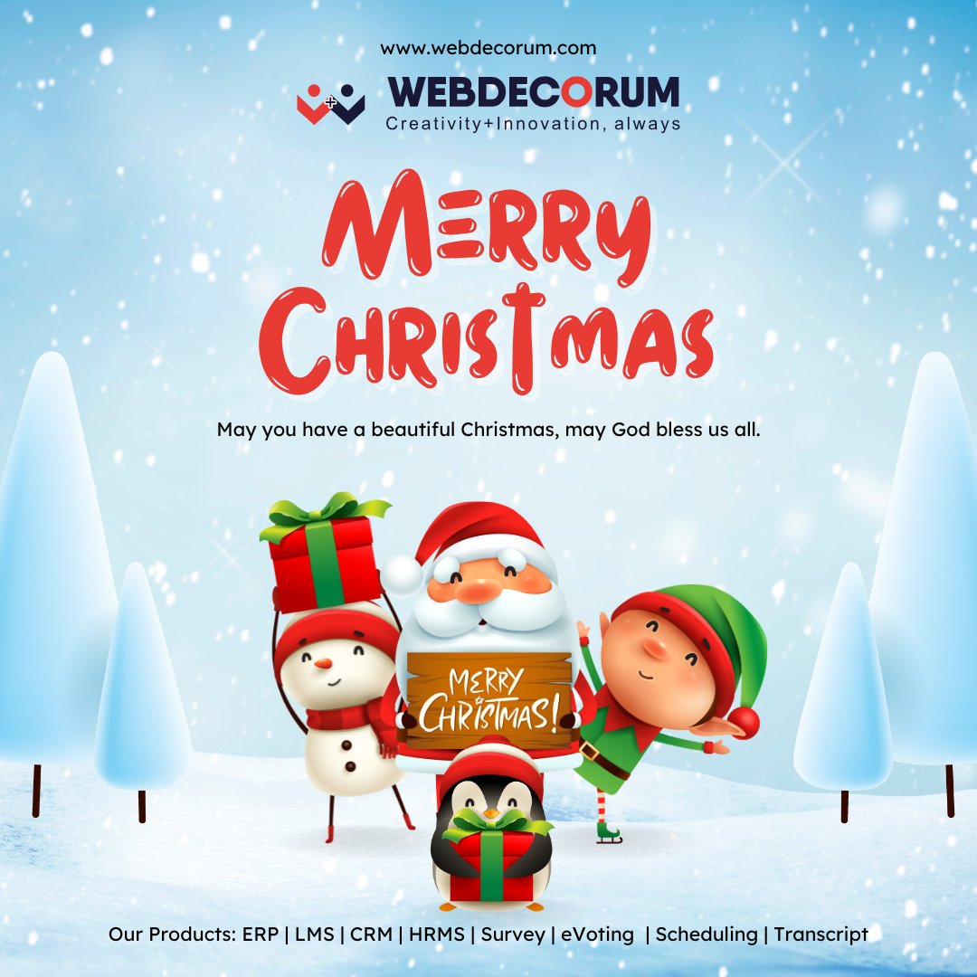 webdecorum's tweet image. 🎄✨ Merry Christmas from Webdecorum &amp;amp; hashtag#Optimumlogic! 🎅🎁

Explore our products: ERP, LMS, CRM, HRMS, Survey, eVoting, Scheduling, and Transcript. shorturl.at/RmnTG 

#MerryChristmas #Webdecorum #Optimumlogic #CreativityInnovationAlways #ChristmasWishes