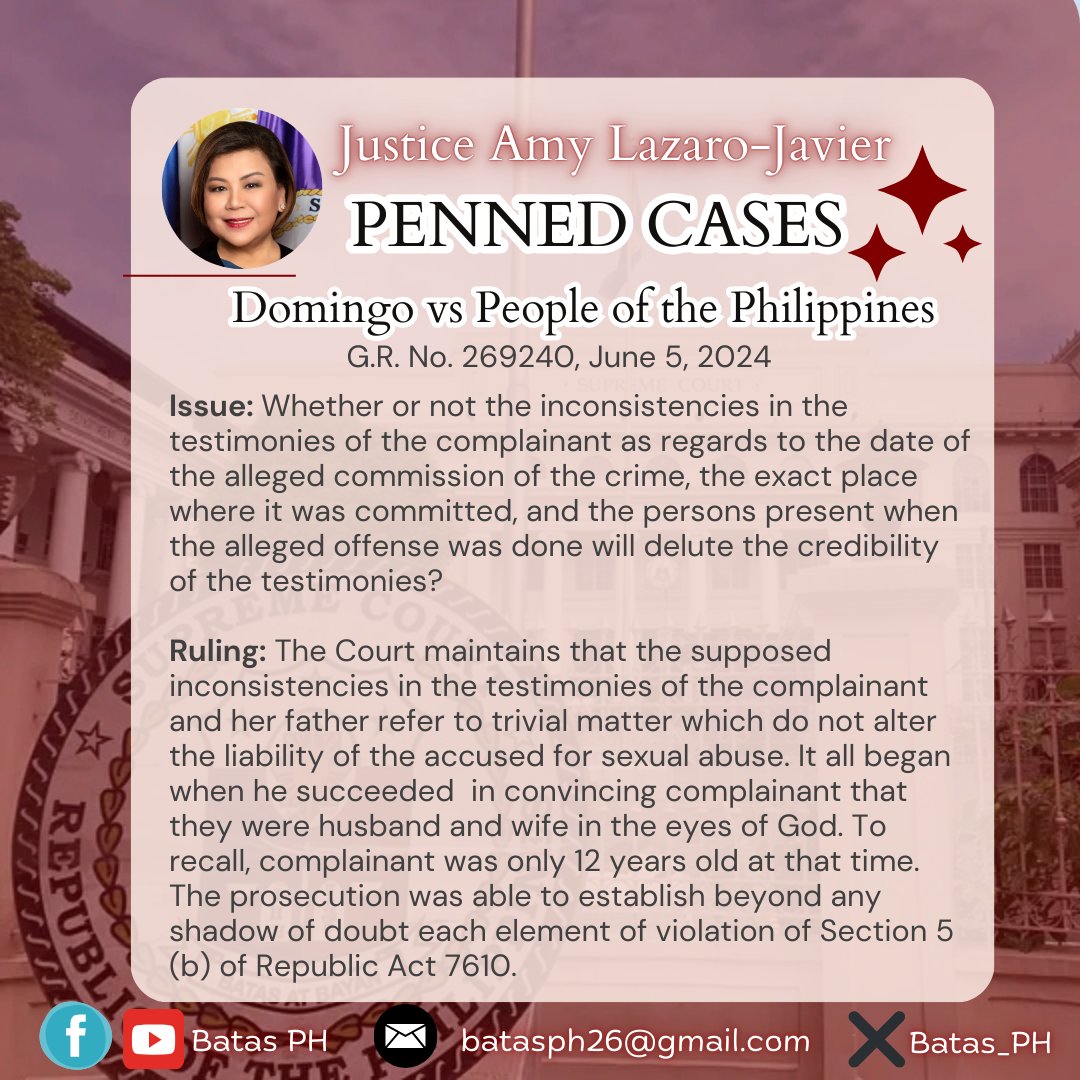 JUSTICE AMY'S PENNED CASE!!⚖️👩‍⚖️

Domingo vs People of the Philippines 
G.R. No. 269240, June 5, 2024

#batasph #AMYingForExcellence
#AJustBArAwaitsU #getthatbar2025 #amyzingbar2025 #HaveFaith