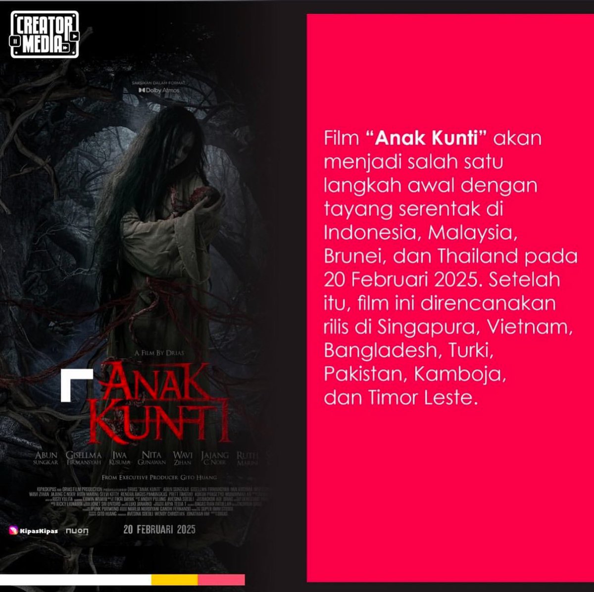 Film horor Anak Kunti akan tayang di 10 negara Asia mulai tanggal 20 Februari 2025! 

Hal itu disampaikan oleh <a href="/GandhiFernando/">Gandhi Fernando</a> yang ikut hadir dalam peluncuran poster dan trailer resmi film #AnakKunti.