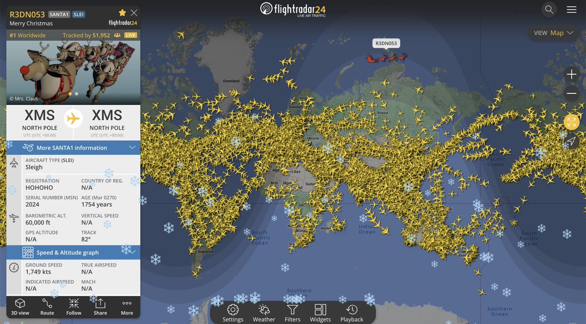 flightradar24's tweet photo. We’ve received word that all presents are loaded and the reindeer are ready. Santa is heading east for the first gifts of Christmas. Follow Santa at https://t.co/AIB7xY4WAx https://t.co/IlgzD8uyNu